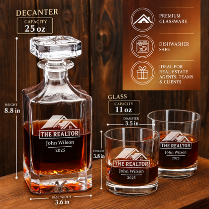 Real Estate Company Gifts – Square Decanter Set with 4 Glasses & Wooden Box – image 02