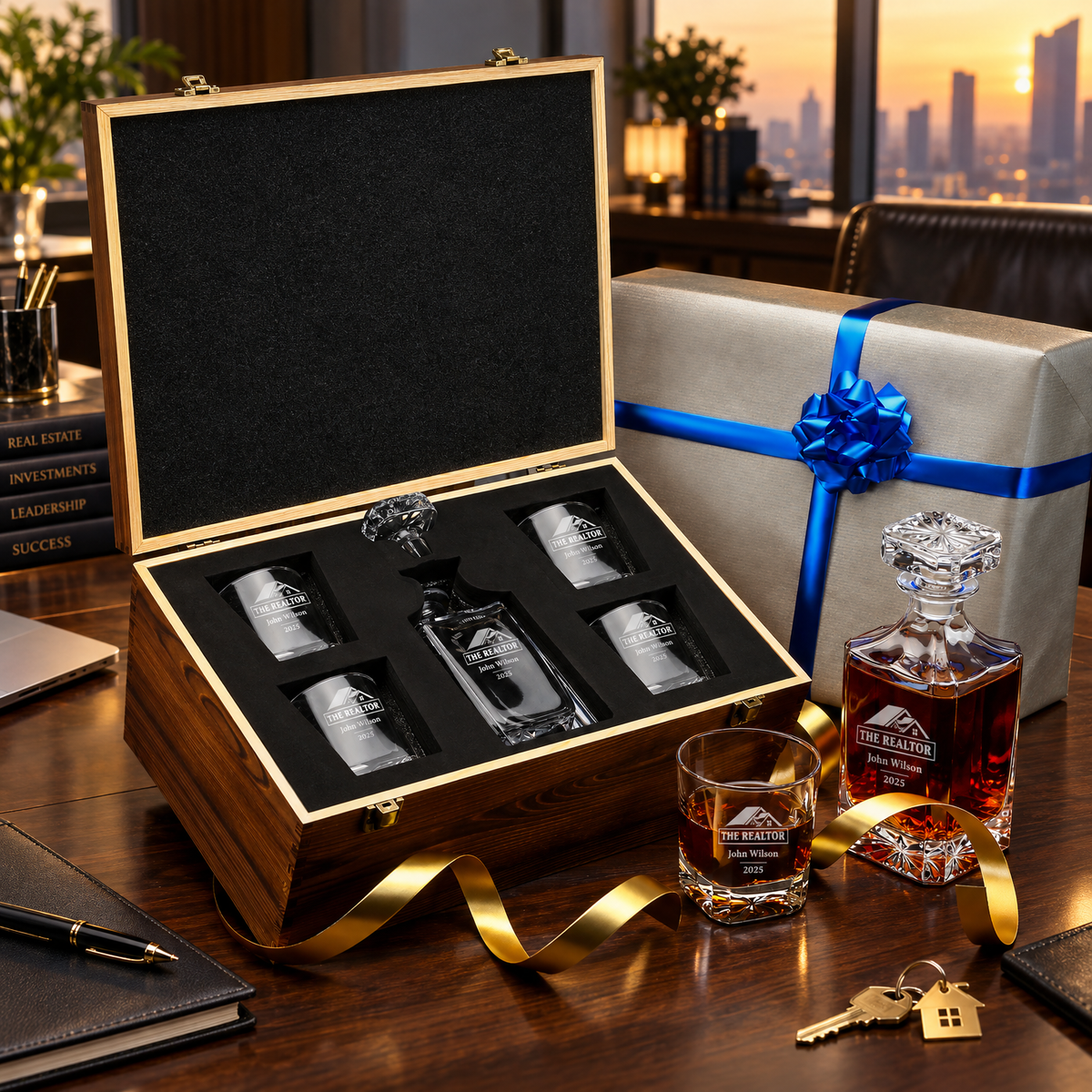 Real Estate Company Gifts – Square Decanter Set with 4 Glasses & Wooden Box product image