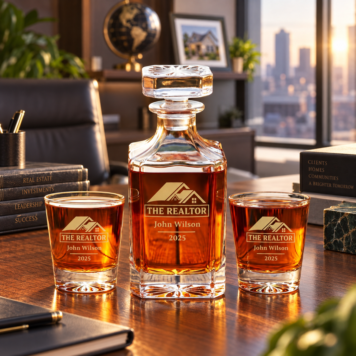 Real Estate Company Gifts – Square Decanter Set with 4 Glasses & Wooden Box product image
