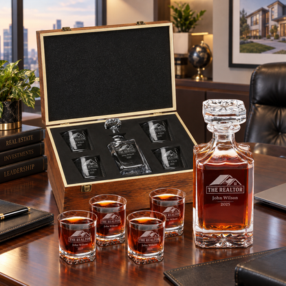 Real Estate Company Gifts – Square Decanter Set with 4 Glasses & Wooden Box – image 10