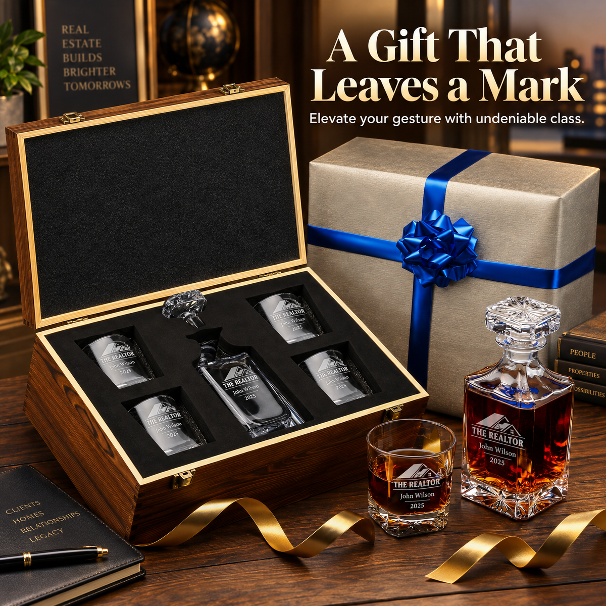 Real Estate Company Gifts – Square Decanter Set with 4 Glasses & Wooden Box – image 12