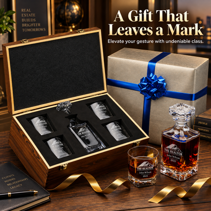 Real Estate Company Gifts – Square Decanter Set with 4 Glasses & Wooden Box – image 12