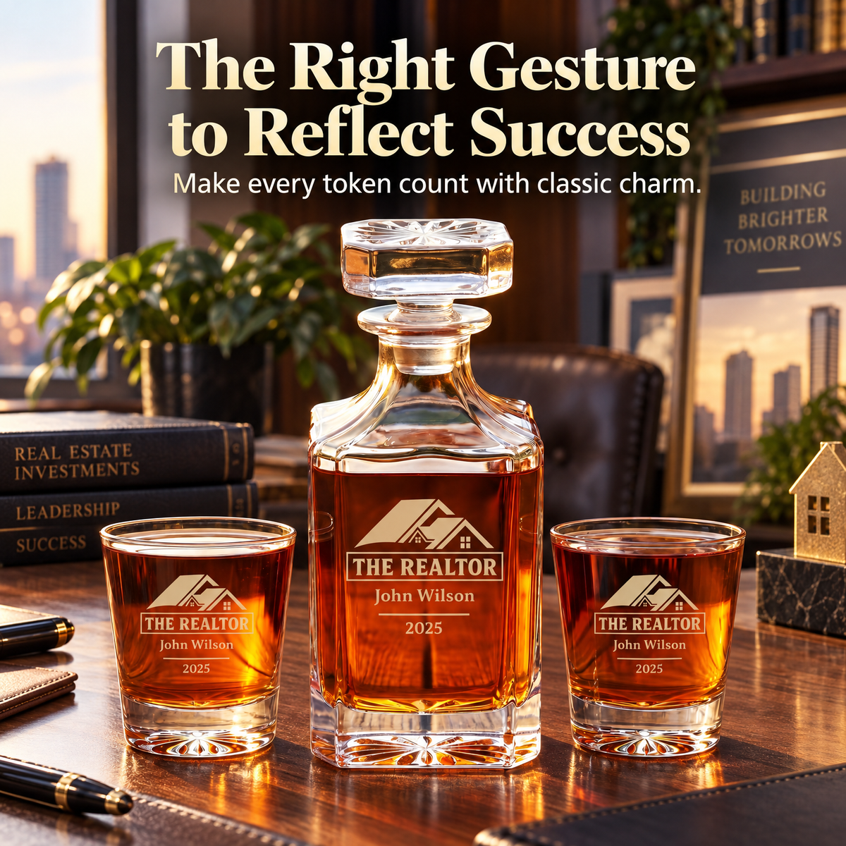 Real Estate Company Gifts – Square Decanter Set with 4 Glasses & Wooden Box – image 14