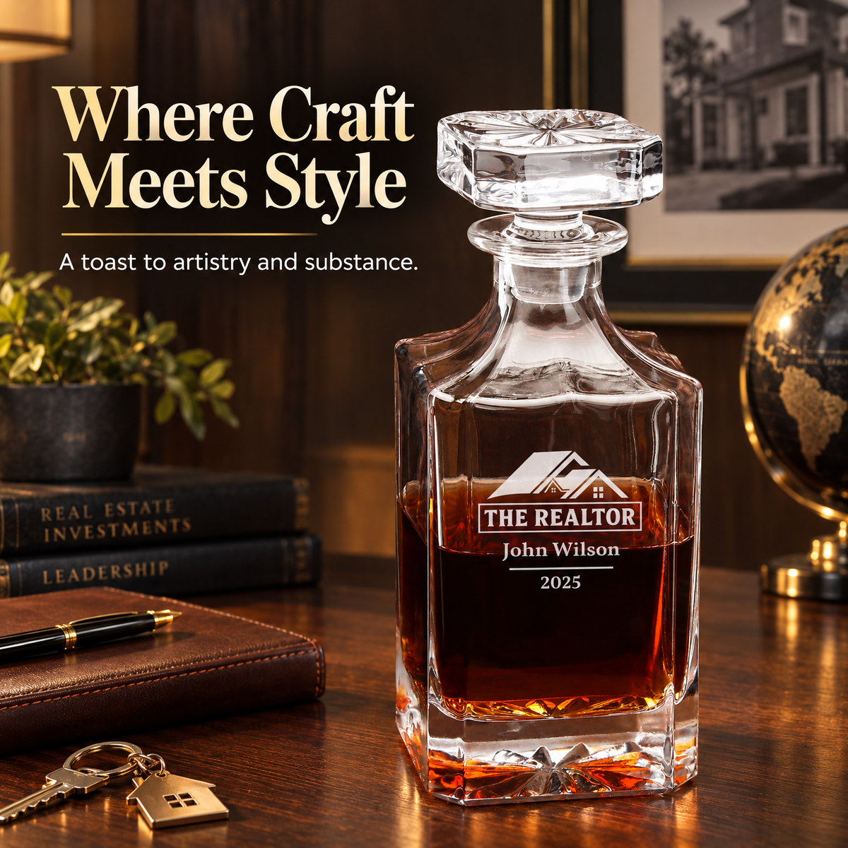 Real Estate Company Gifts – Square Decanter Set with 4 Glasses & Wooden Box product image