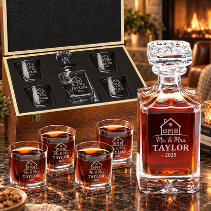 Family Gift – Square Decanter Set with 4 Glasses & Wooden Box – image 01