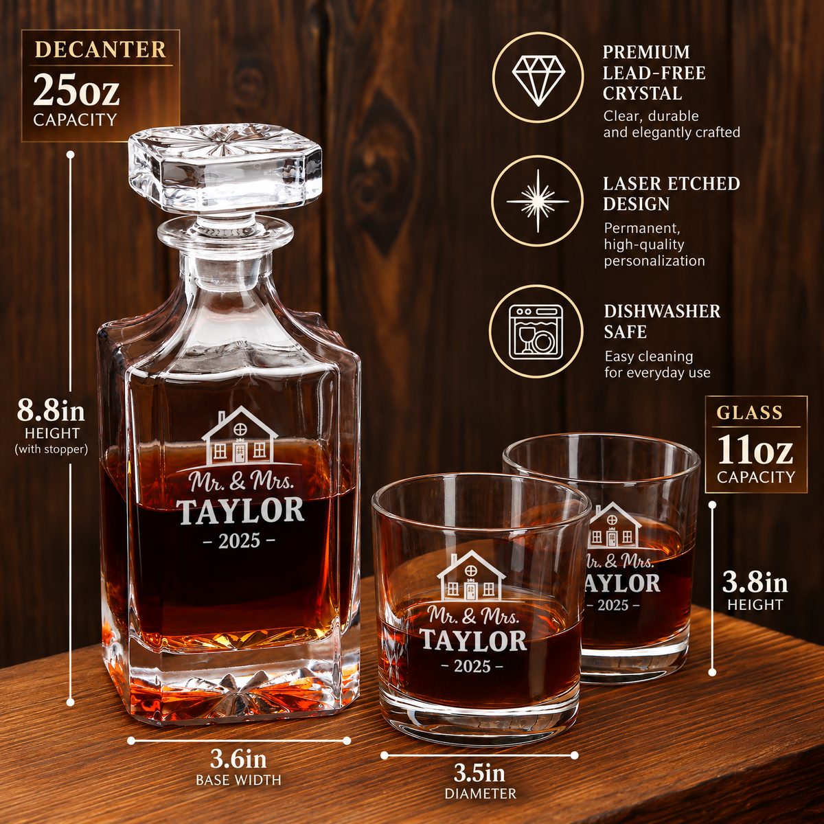 Family Gift – Square Decanter Set with 4 Glasses & Wooden Box – image 02