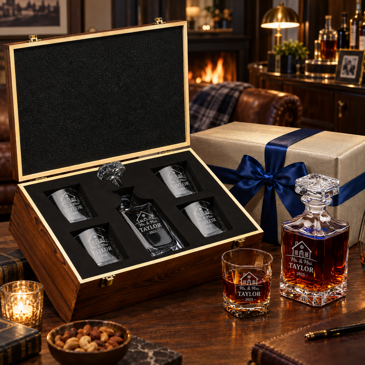 Family Gift – Square Decanter Set with 4 Glasses & Wooden Box – image 04
