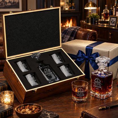 Family Gift – Square Decanter Set with 4 Glasses & Wooden Box – image 04