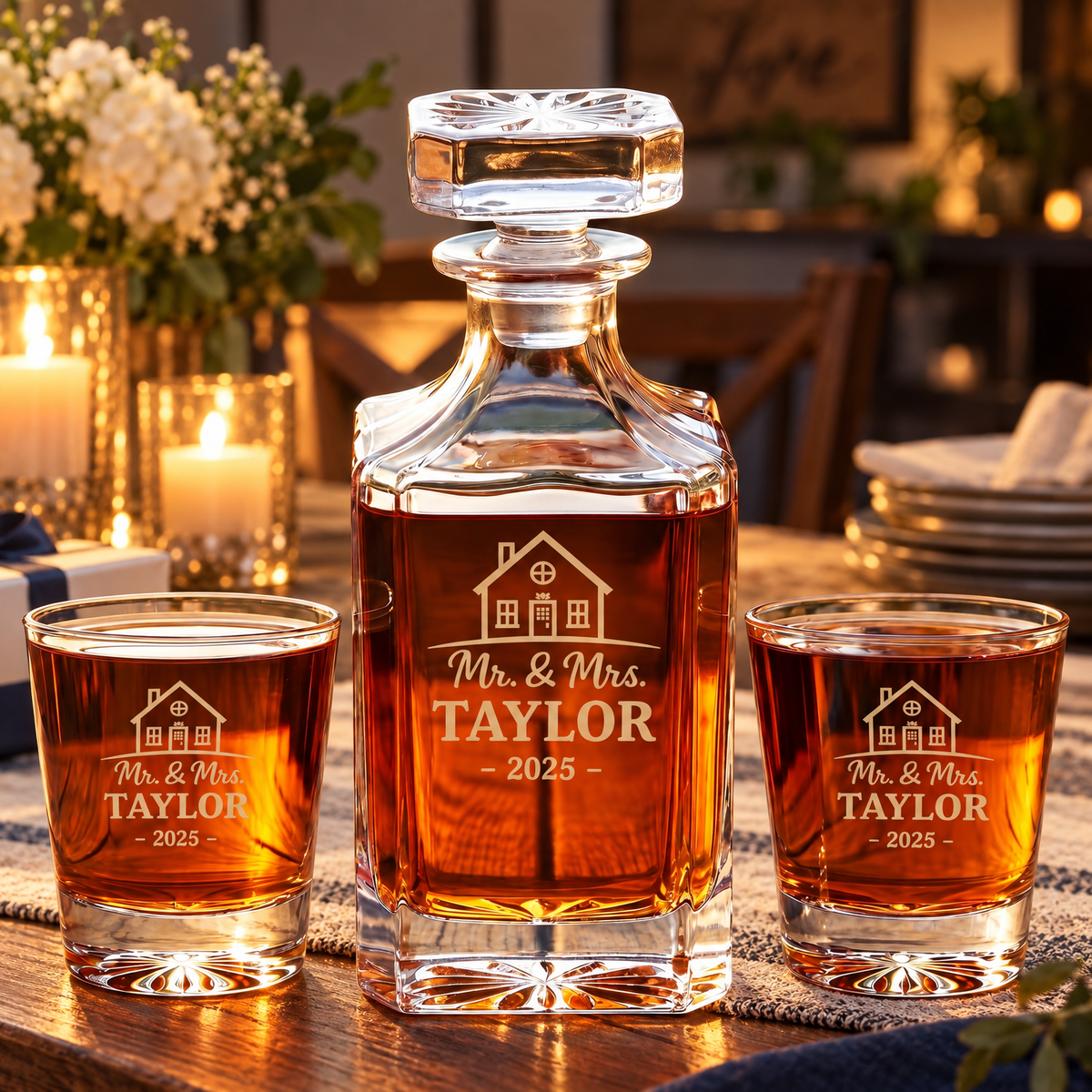 Family Gift – Square Decanter Set with 4 Glasses & Wooden Box product image