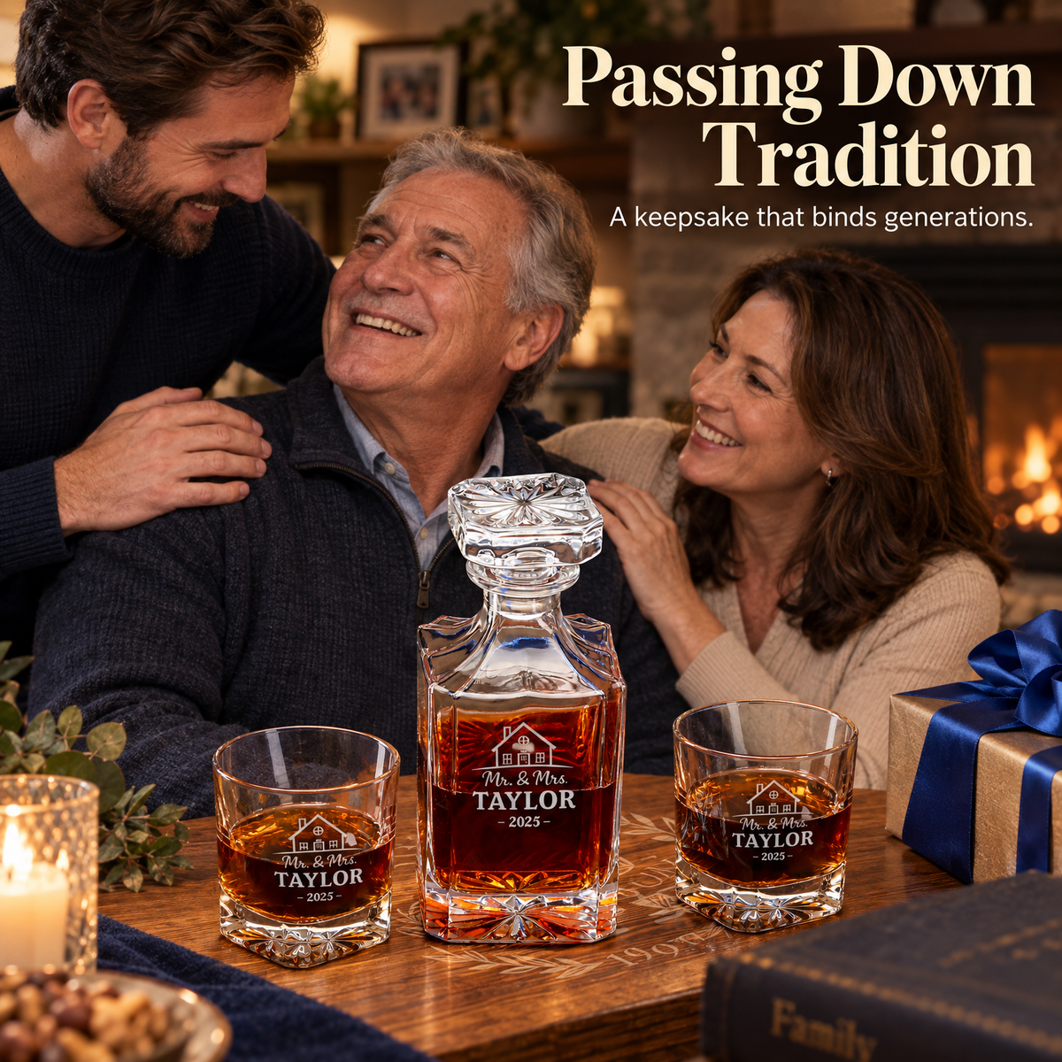 Family Gift – Square Decanter Set with 4 Glasses & Wooden Box product image