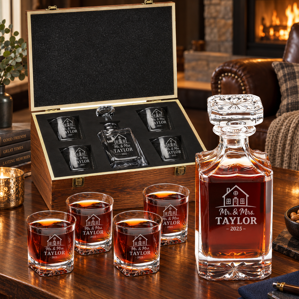 Family Gift – Square Decanter Set with 4 Glasses & Wooden Box – image 10