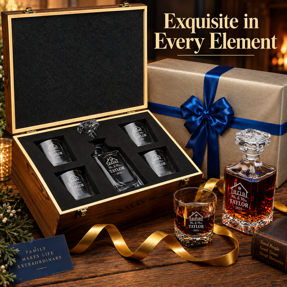 Family Gift – Square Decanter Set with 4 Glasses & Wooden Box – image 12