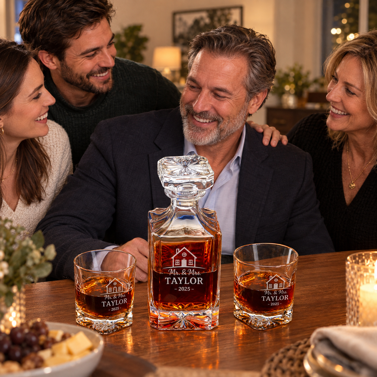 Family Gift – Square Decanter Set with 4 Glasses & Wooden Box product image