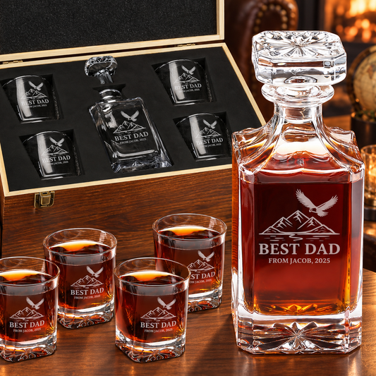 Gift for Father – Square Decanter Set with 4 Glasses & Wooden Box – image 01