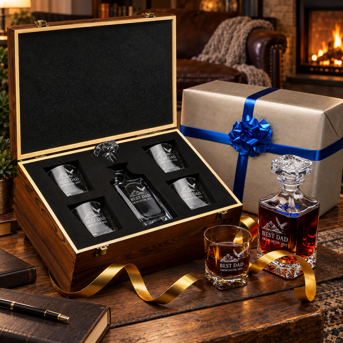 Gift for Father – Square Decanter Set with 4 Glasses & Wooden Box – image 04
