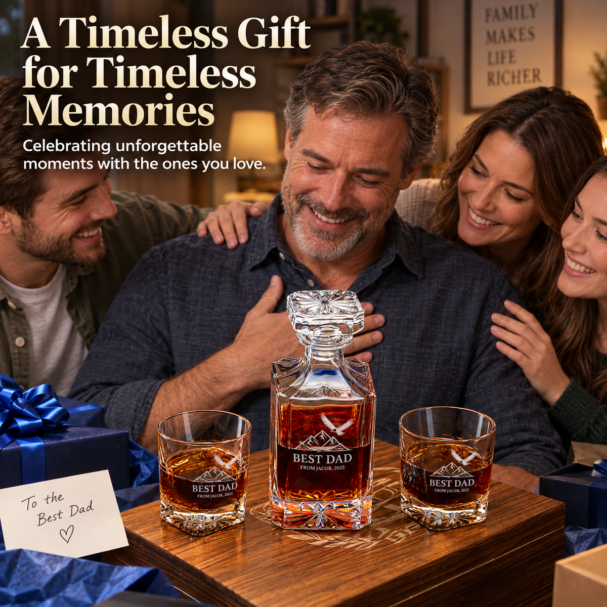 Gift for Father – Square Decanter Set with 4 Glasses & Wooden Box product image