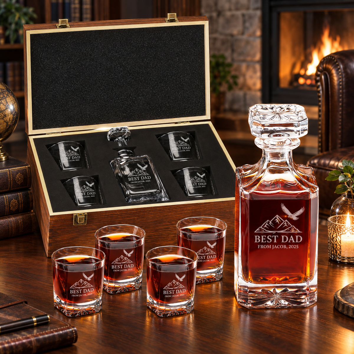 Gift for Father – Square Decanter Set with 4 Glasses & Wooden Box product image