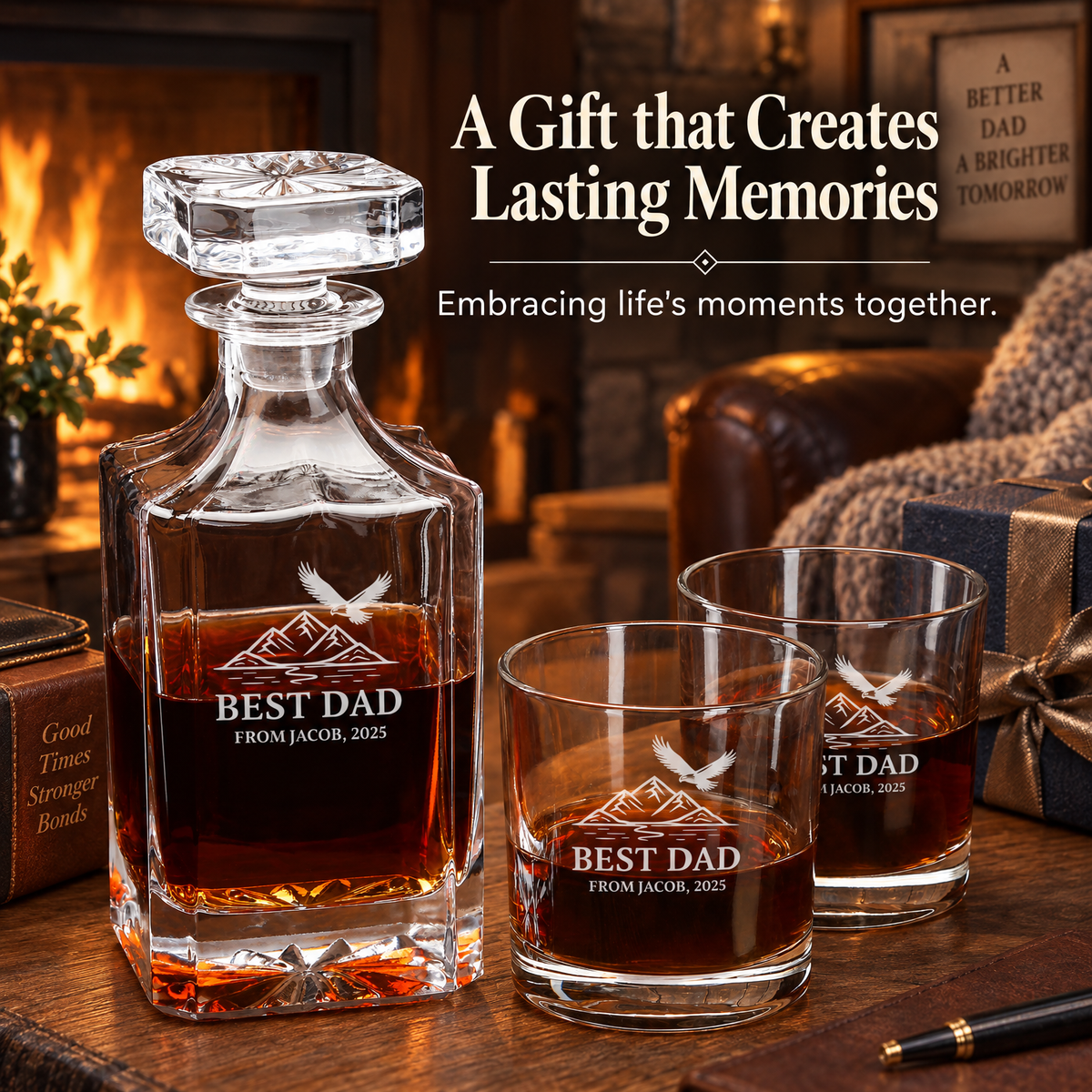Gift for Father – Square Decanter Set with 4 Glasses & Wooden Box – image 20
