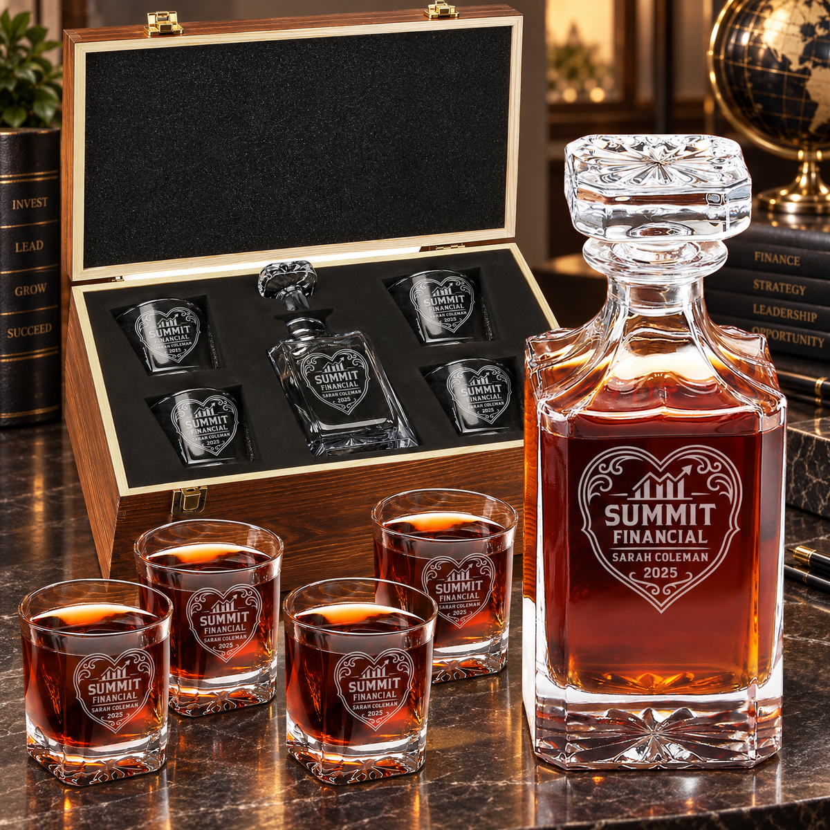 Finance Company Gifts – Square Decanter Set with 4 Glasses & Wooden Box product image