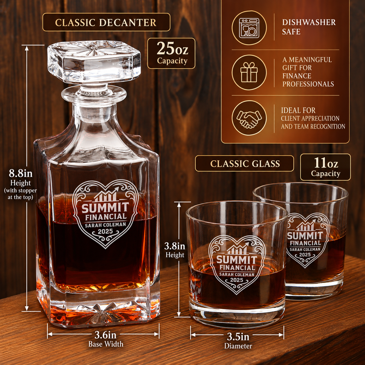 Finance Company Gifts – Square Decanter Set with 4 Glasses & Wooden Box product image