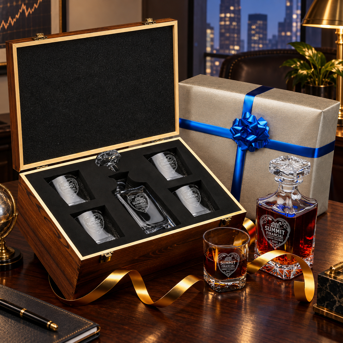 Finance Company Gifts – Square Decanter Set with 4 Glasses & Wooden Box – image 04