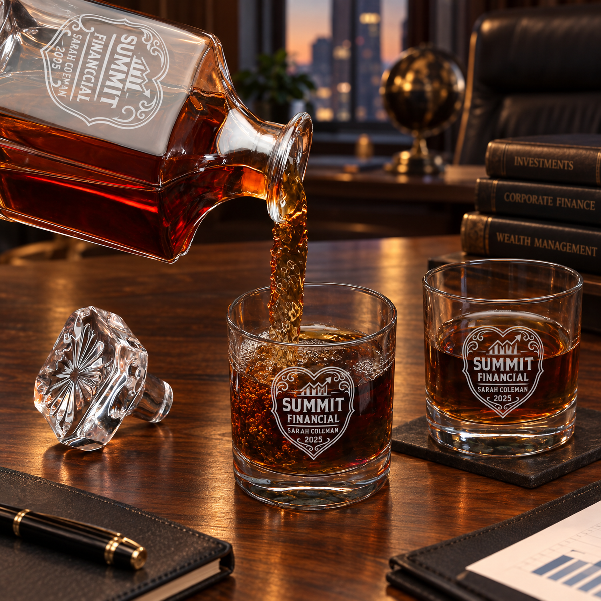 Finance Company Gifts – Square Decanter Set with 4 Glasses & Wooden Box product image