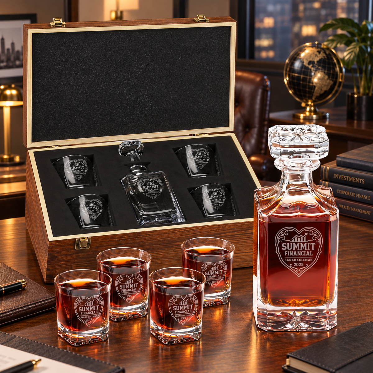 Finance Company Gifts – Square Decanter Set with 4 Glasses & Wooden Box – image 10
