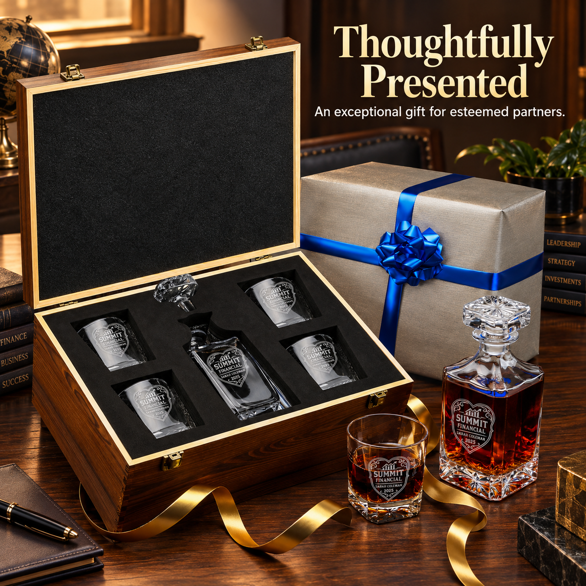 Finance Company Gifts – Square Decanter Set with 4 Glasses & Wooden Box product image
