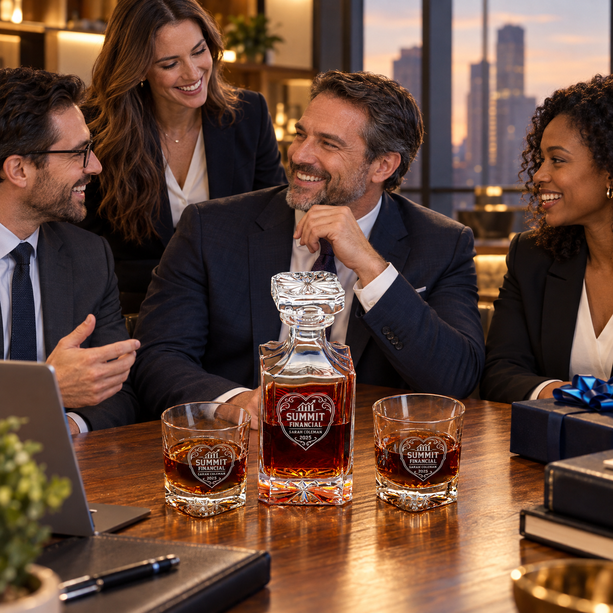 Finance Company Gifts – Square Decanter Set with 4 Glasses & Wooden Box product image