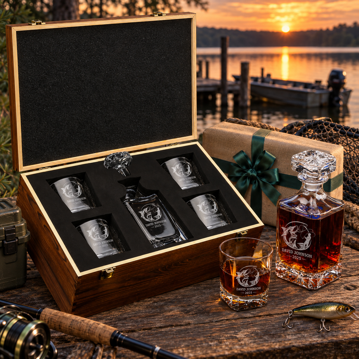 Gift for Fishermen – Square Decanter Set with 4 Glasses & Wooden Box product image