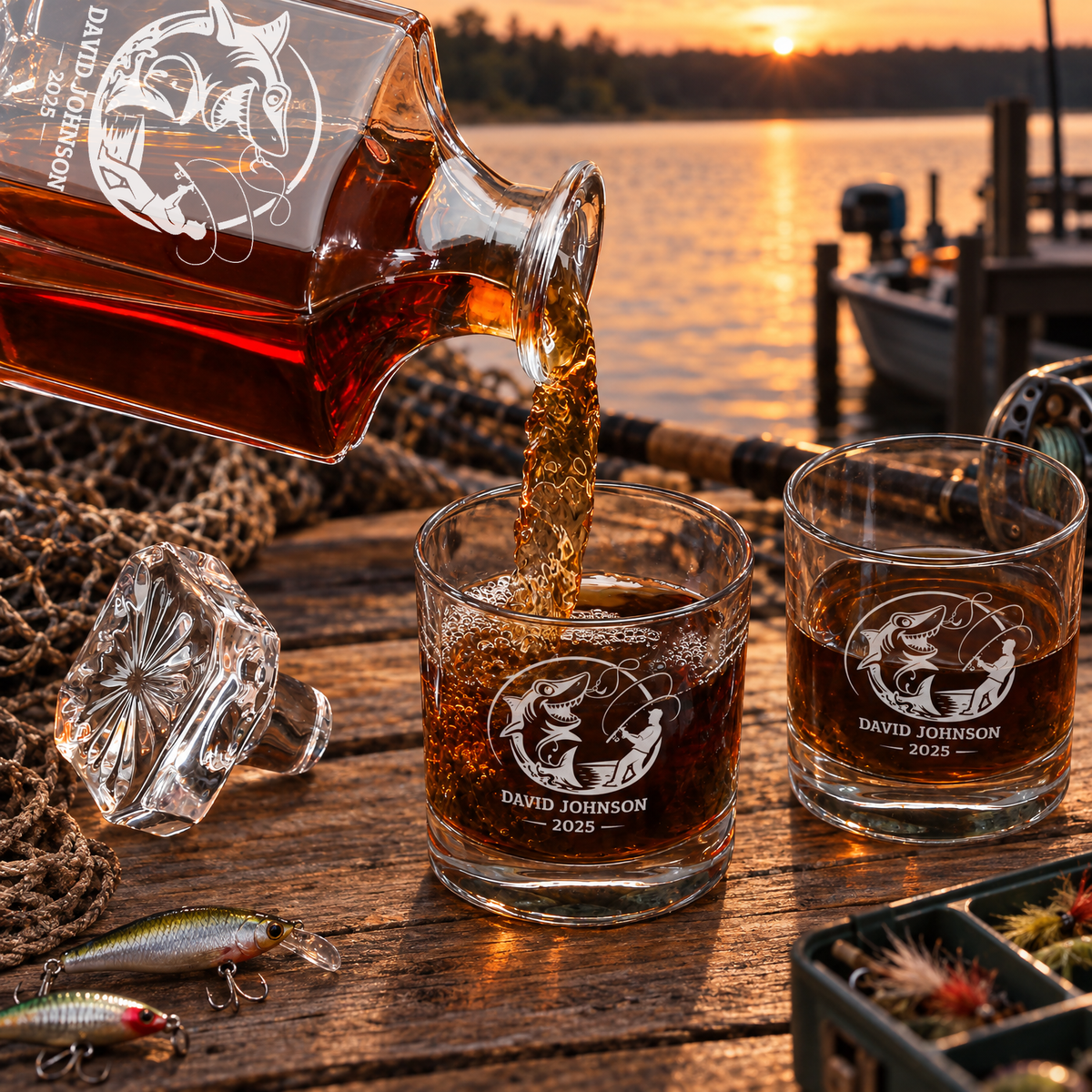 Gift for Fishermen – Square Decanter Set with 4 Glasses & Wooden Box product image