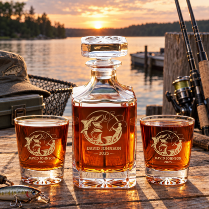 Gift for Fishermen – Square Decanter Set with 4 Glasses & Wooden Box – image 08