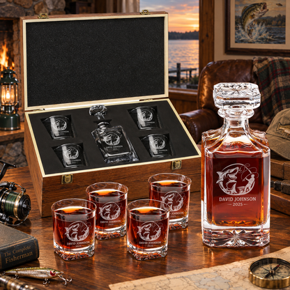 Gift for Fishermen – Square Decanter Set with 4 Glasses & Wooden Box – image 10