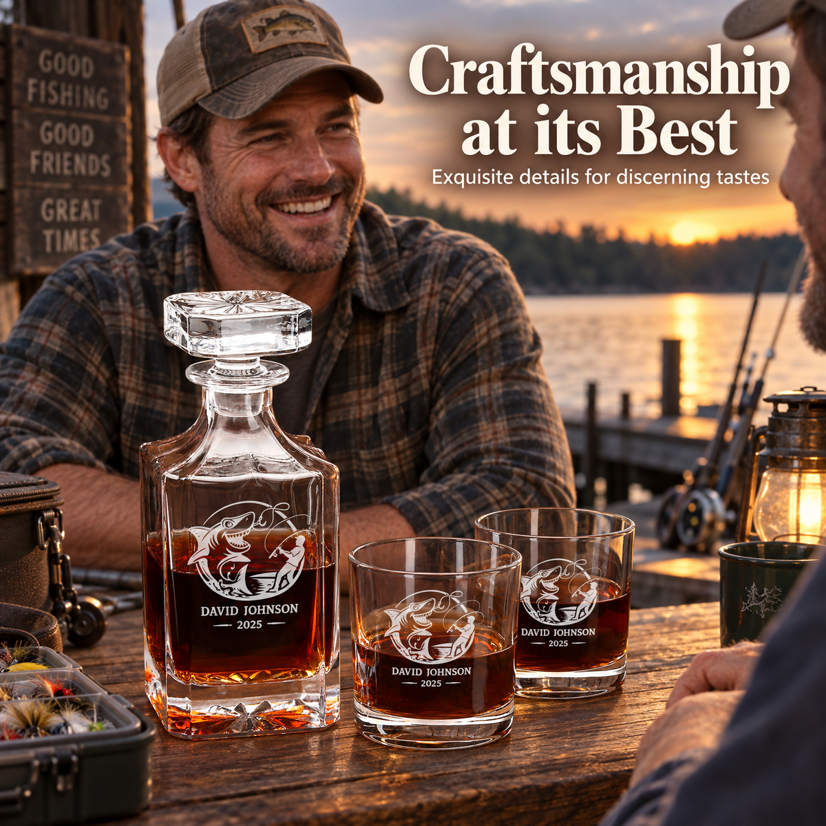 Gift for Fishermen – Square Decanter Set with 4 Glasses & Wooden Box product image
