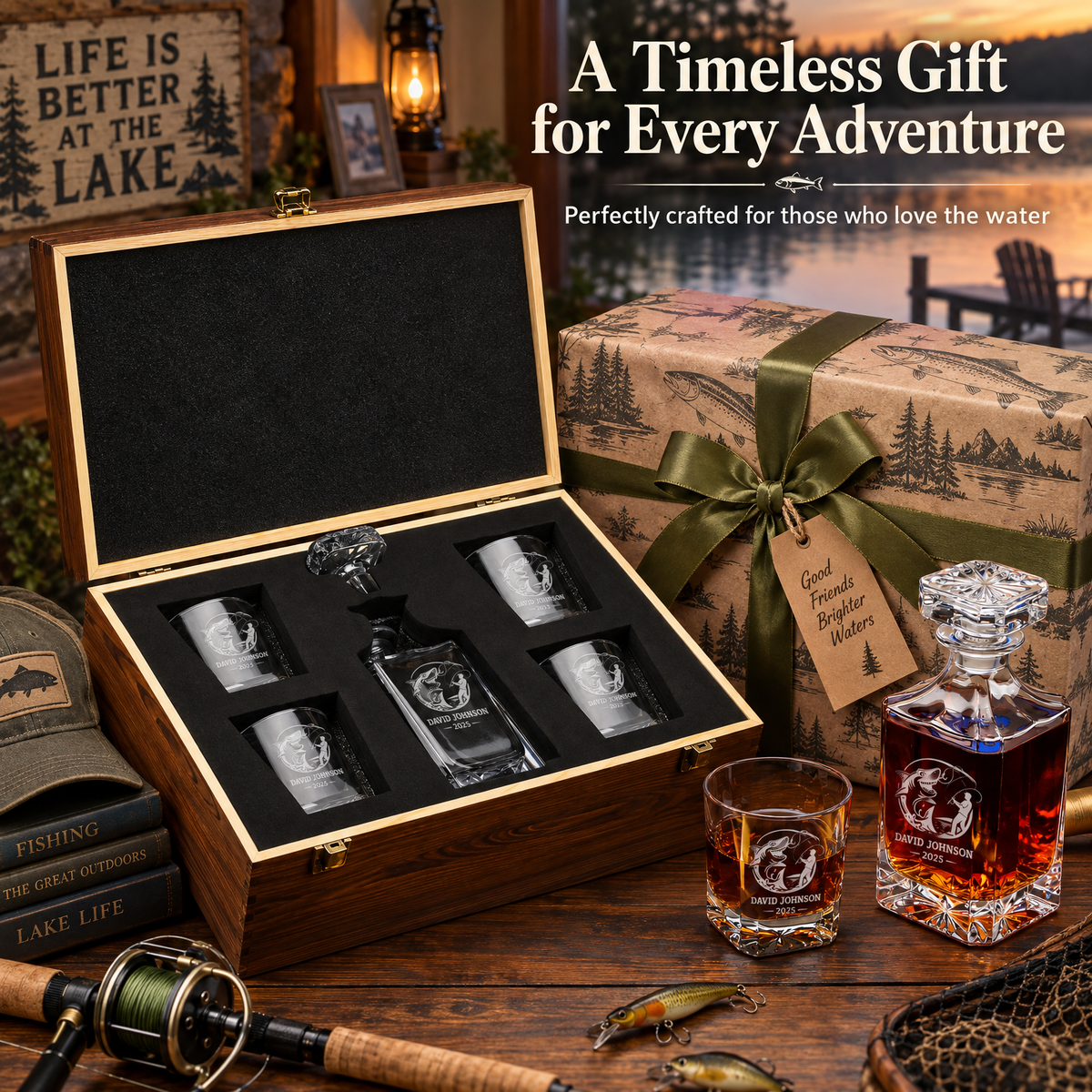 Gift for Fishermen – Square Decanter Set with 4 Glasses & Wooden Box – image 12