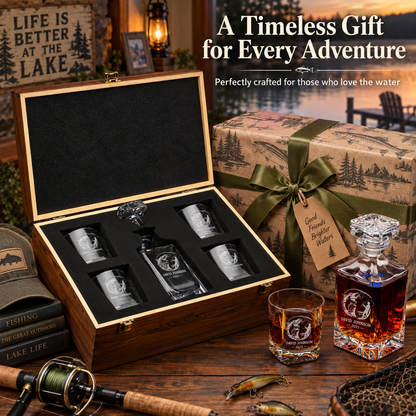 Gift for Fishermen – Square Decanter Set with 4 Glasses & Wooden Box – image 12