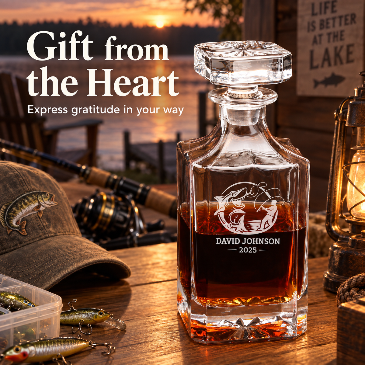 Gift for Fishermen – Square Decanter Set with 4 Glasses & Wooden Box – image 16