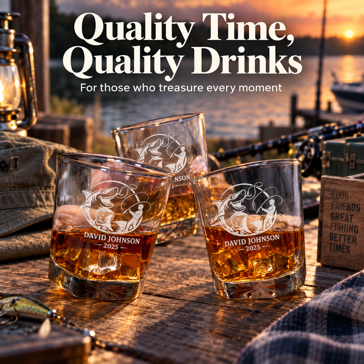 Gift for Fishermen – Square Decanter Set with 4 Glasses & Wooden Box product image