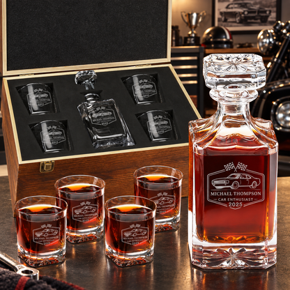 Gift for Car & Motorcycle Enthusiasts – Square Decanter Set with 4 Glasses & Wooden Box – image 01