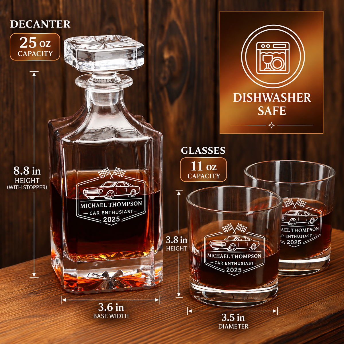 Gift for Car & Motorcycle Enthusiasts – Square Decanter Set with 4 Glasses & Wooden Box product image