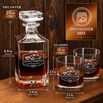 Gift for Car & Motorcycle Enthusiasts – Square Decanter Set with 4 Glasses & Wooden Box – image 02