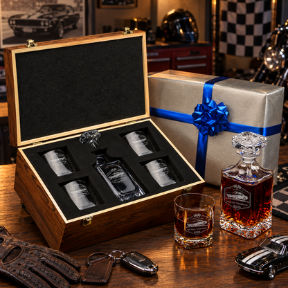 Gift for Car & Motorcycle Enthusiasts – Square Decanter Set with 4 Glasses & Wooden Box – image 04