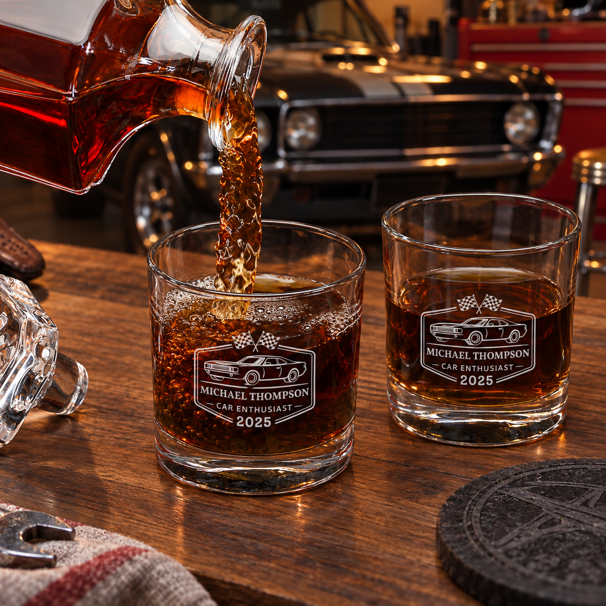 Gift for Car & Motorcycle Enthusiasts – Square Decanter Set with 4 Glasses & Wooden Box product image