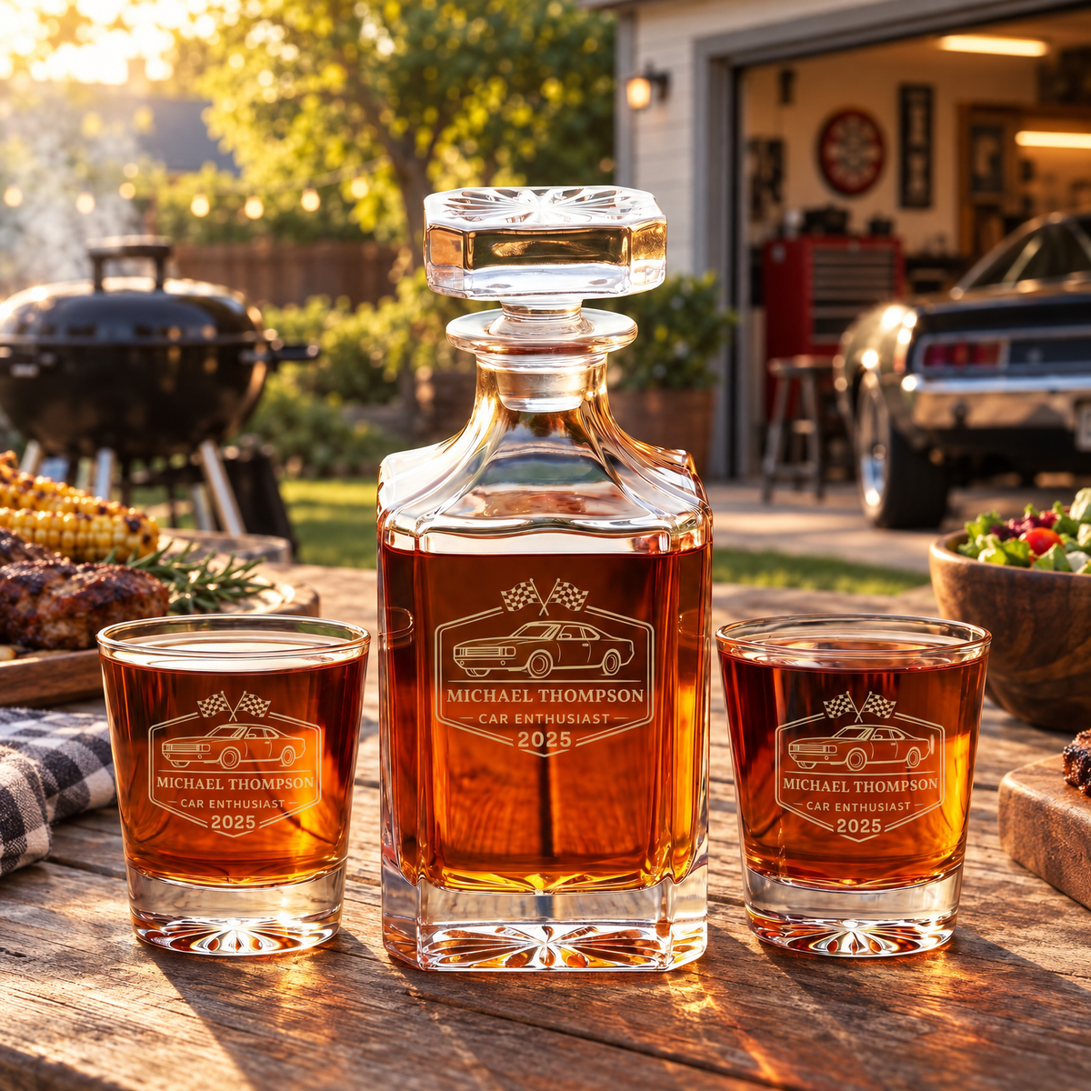Gift for Car & Motorcycle Enthusiasts – Square Decanter Set with 4 Glasses & Wooden Box product image