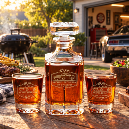 Gift for Car & Motorcycle Enthusiasts – Square Decanter Set with 4 Glasses & Wooden Box – image 08