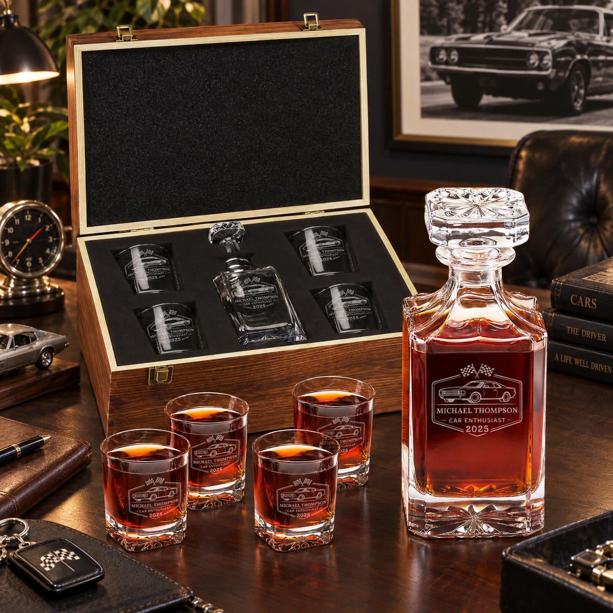 Gift for Car & Motorcycle Enthusiasts – Square Decanter Set with 4 Glasses & Wooden Box product image