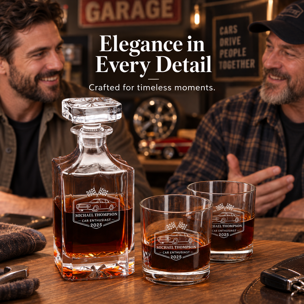 Gift for Car & Motorcycle Enthusiasts – Square Decanter Set with 4 Glasses & Wooden Box – image 11
