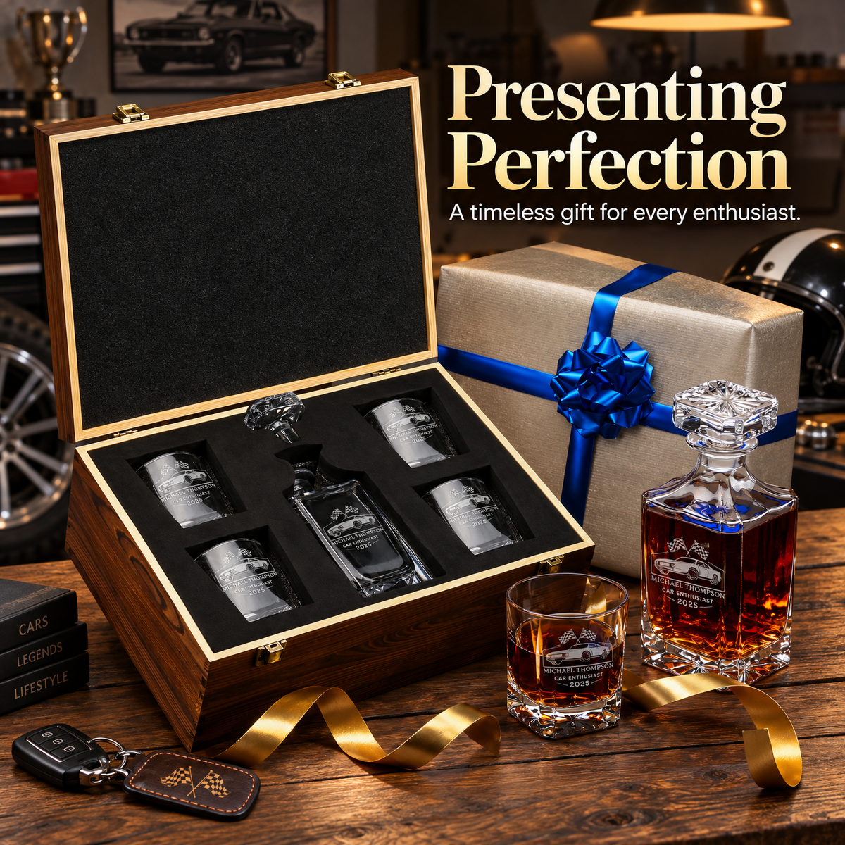 Gift for Car & Motorcycle Enthusiasts – Square Decanter Set with 4 Glasses & Wooden Box – image 12