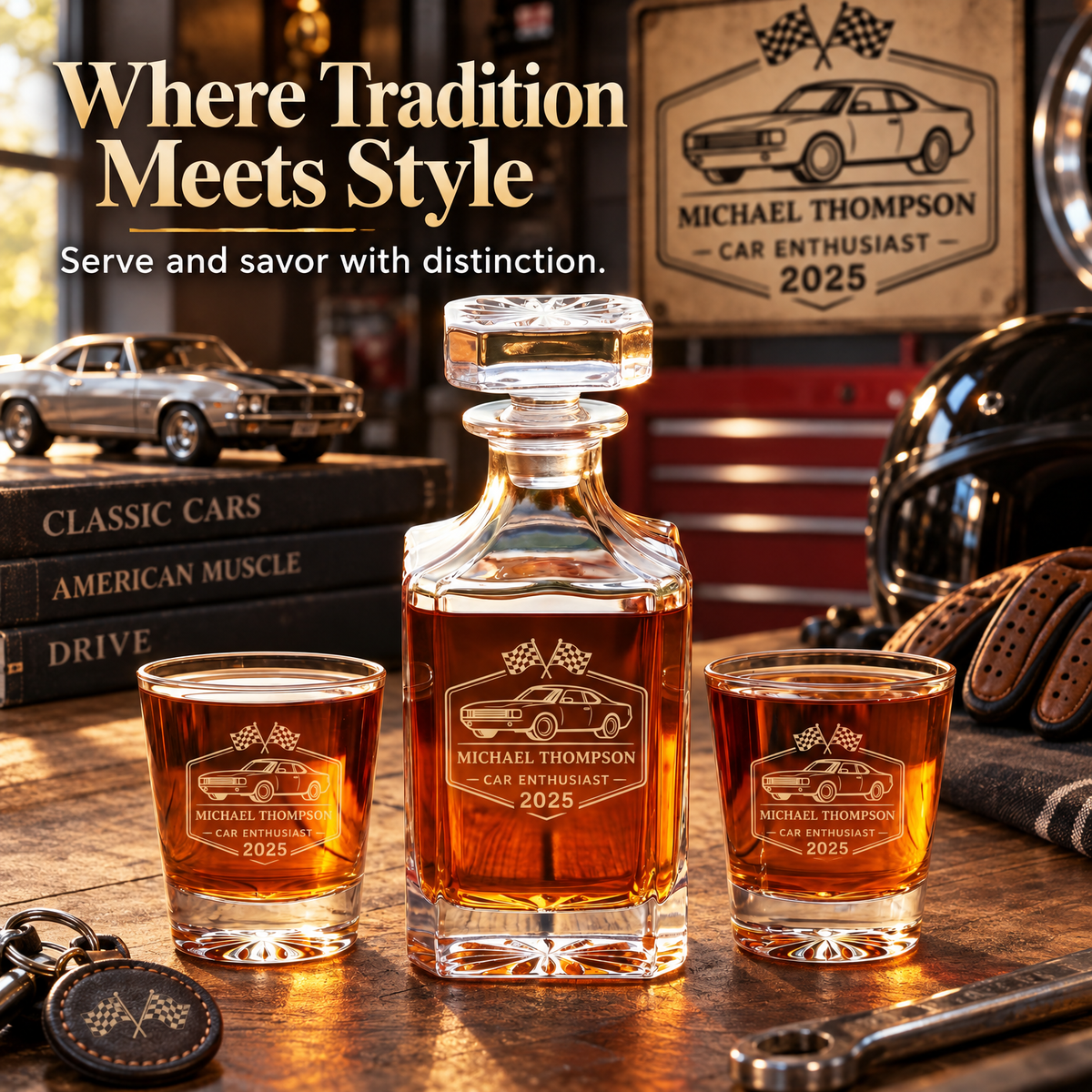 Gift for Car & Motorcycle Enthusiasts – Square Decanter Set with 4 Glasses & Wooden Box – image 14