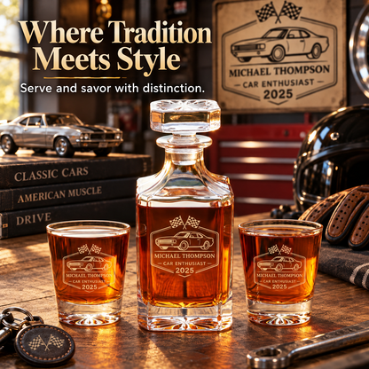 Gift for Car & Motorcycle Enthusiasts – Square Decanter Set with 4 Glasses & Wooden Box – image 14